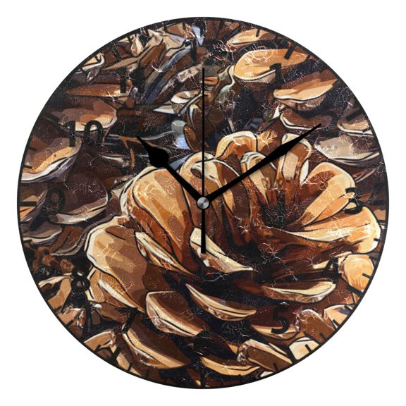 9.84in Illustrated Pine Cones PVC Canvas Wall and Table Clock with Canvas Texture, Black or Gold Hands