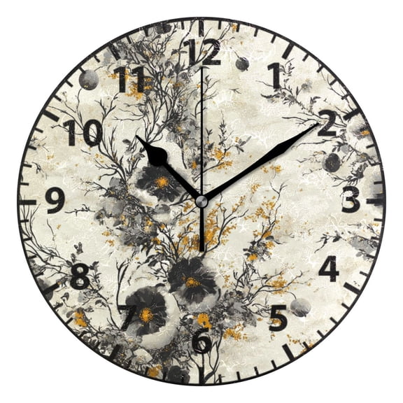 9.84in Ink Flowers PVC Canvas Wall and Table Clock with Canvas Texture, Black or Gold Hands