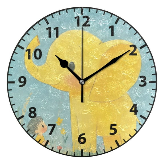 Kid and Elephant Wall Clock Modern Small Clock Gold Hands for Office, Home, Bedroom,School 9.84in