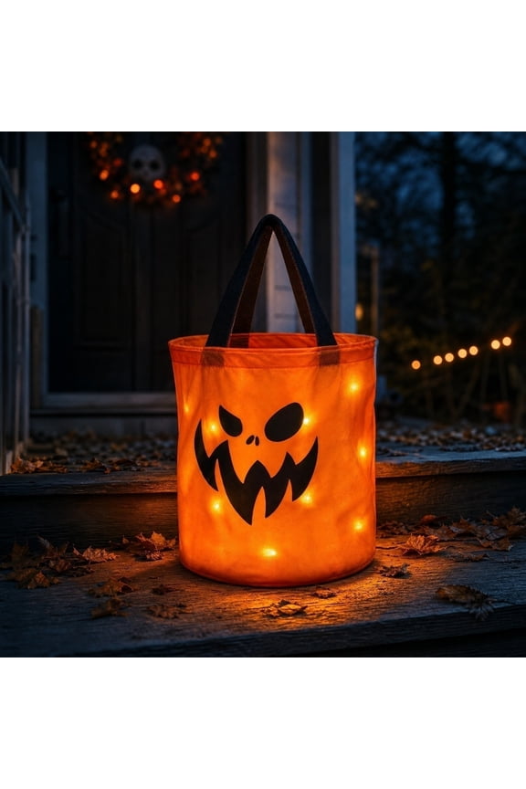 9.84in LED Light‑Up Halloween Candy Tote Bag,with Sturdy Carry Handles, Reusable Lighted Goodie Glowing Bag for Halloween Night Collecting Treats,Party Favor & Holiday Decor,Grumpy Pumpkin Face