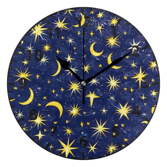 9.84in Moons and Stars Pattern PVC Canvas Wall and Table Clock with Canvas Texture, Black or Gold Hands