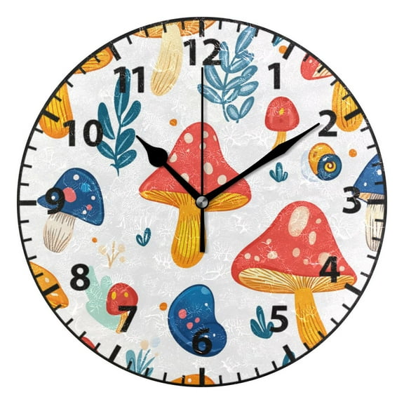 9.84in Mushroom Pattern PVC Canvas Wall and Table Clock with Canvas Texture, Black or Gold Hands