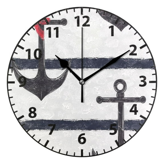 Nautical Anchor Print Wall Clock Modern Small Clock Black Hands for Office, Home, Bedroom,School 9.84in