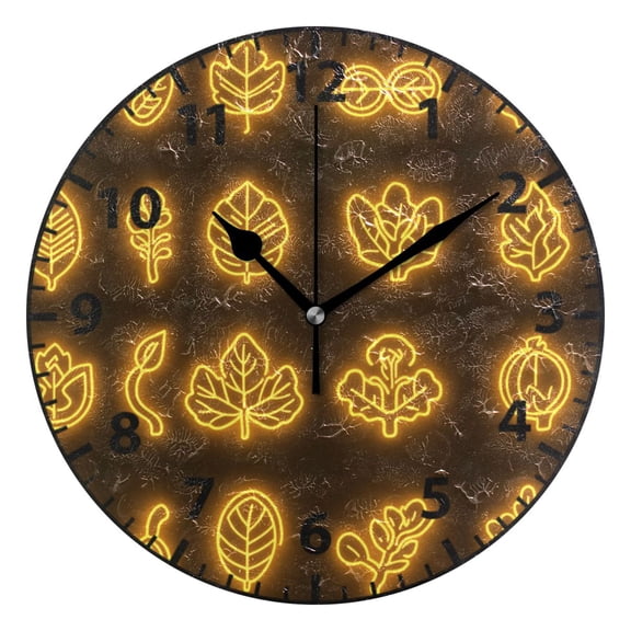 9.84in Neon Icons Leaves PVC Canvas Wall and Table Clock with Canvas Texture, Black or Gold Hands