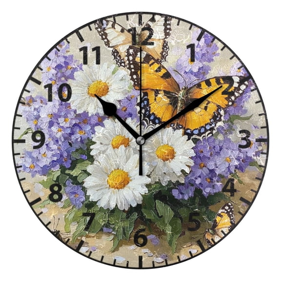 9.84in Oil Painting Chrysanthemum PVC Canvas Wall and Table Clock with Canvas Texture, Black or Gold Hands