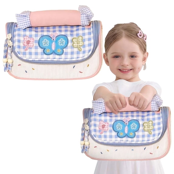 9.84in Patchwork Plaid Dot Pencil Organizer Bag, Soft Padded Carry Handle Smooth Double Zipper Storage Pouch, Large Capacity Dual Purpose For Office Stationery Sorting & Daily Cosmetic Arrangement