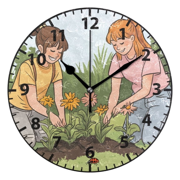 9.84in Planting Flowers PVC Canvas Wall and Table Clock with Canvas Texture, Black or Gold Hands
