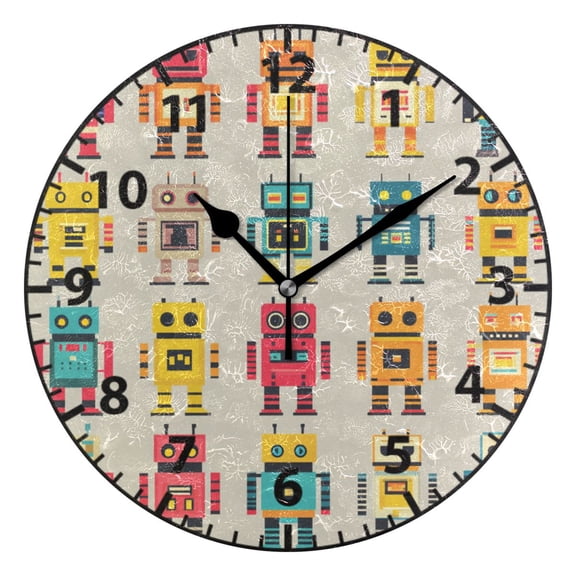 9.84in Robots Pattern Design PVC Canvas Wall and Table Clock with Canvas Texture, Black or Gold Hands