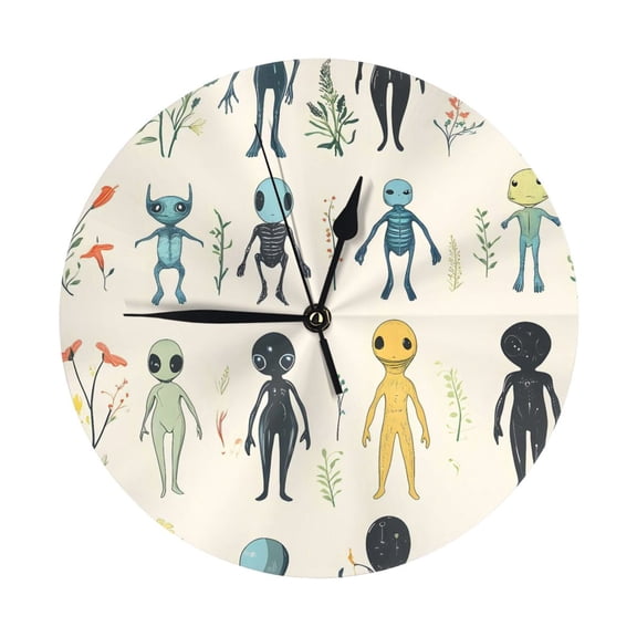 9.84in Round Wall Clock Frameless No Glass Silent Non-Ticking Pvc Board Stand For Tabletop Or Wall Kitchen Living Room Office Bedroom Cartoon Funny Aliens Neutral