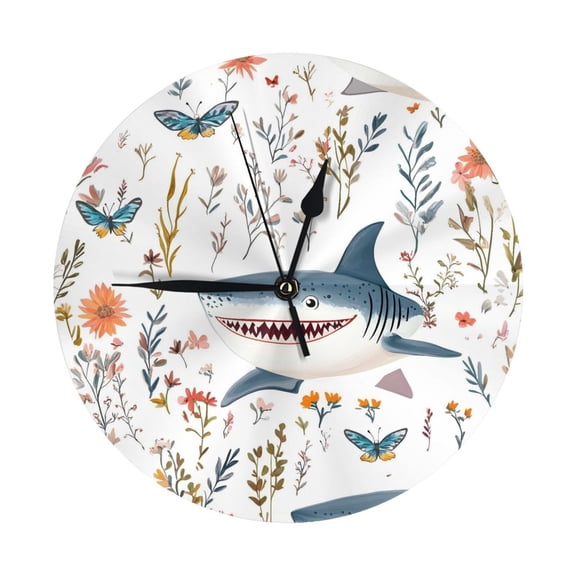 9.84in Round Wall Clock Frameless No Glass Silent Non-Ticking Pvc Board Stand For Tabletop Or Wall Kitchen Living Room Office Bedroom Cartoon Funny Sharks