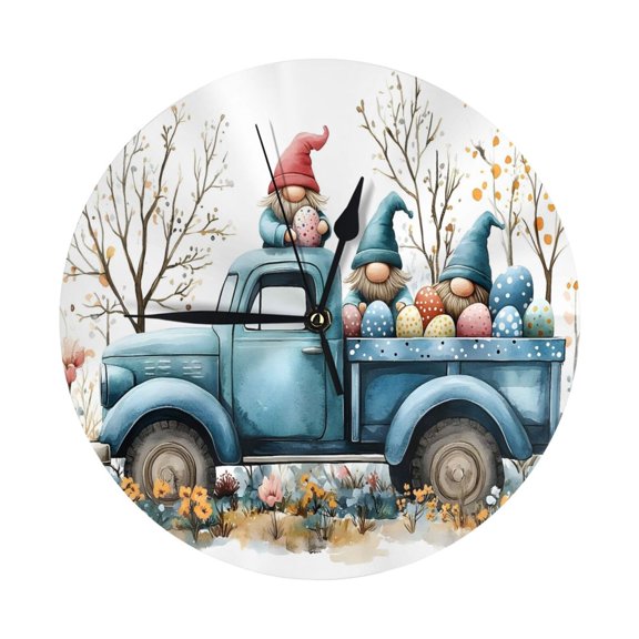 9.84in Round Wall Clock Frameless No Glass Silent Non-Ticking Pvc Board Stand For Tabletop Or Wall Kitchen Living Room Office Bedroom Easter Gnome Truck