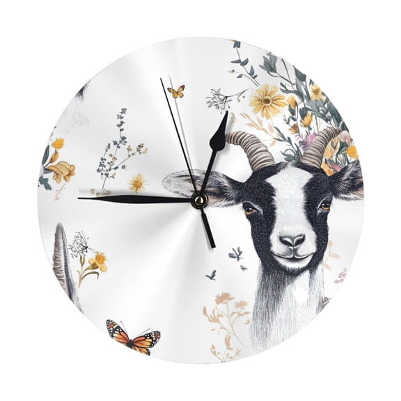9.84in Round Wall Clock Frameless No Glass Silent Non-Ticking Pvc Board Stand For Tabletop Or Wall Kitchen Living Room Office Bedroom Funny Goat White