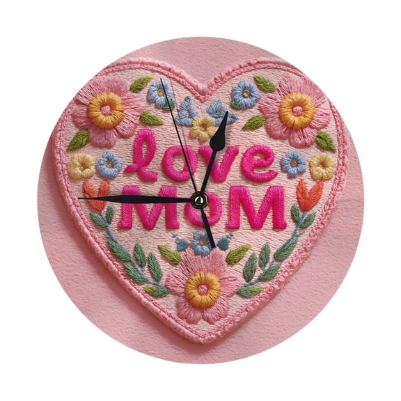 9.84in Round Wall Clock Frameless No Glass Silent Non-Ticking Pvc Board Stand For Tabletop Or Wall Kitchen Living Room Office Bedroom Heart-Shaped Design With Flowers And The Words Love Mom