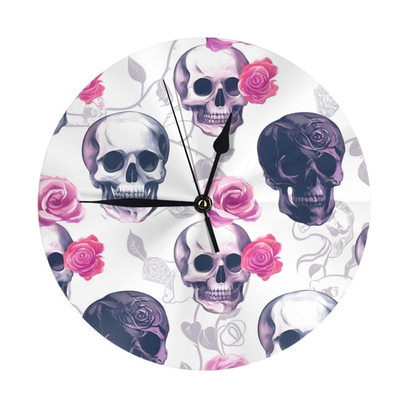 9.84in Round Wall Clock Frameless No Glass Silent Non-Ticking Pvc Board Stand For Tabletop Or Wall Kitchen Living Room Office Bedroom Skulls And Roses