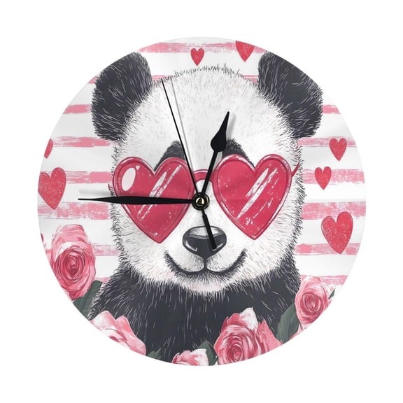 9.84in Round Wall Clock Frameless No Glass Silent Non-Ticking Pvc Board Stand For Tabletop Or Wall Kitchen Living Room Office Bedroom Valenrine'S Day Panda Rose