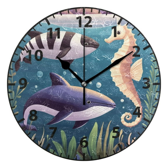 Seahorse and Fish Wall Clock Modern Small Clock Gold Hands for Office, Home, Bedroom,School 9.84in