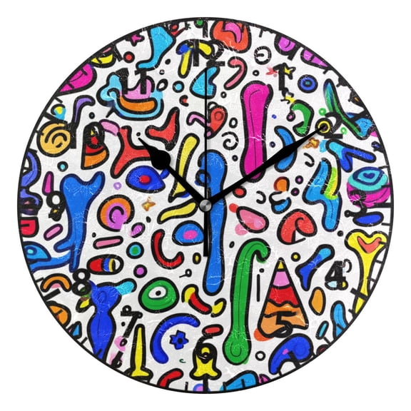 9.84in Seamless Cartoon Pattern PVC Canvas Wall and Table Clock with Canvas Texture, Black or Gold Hands