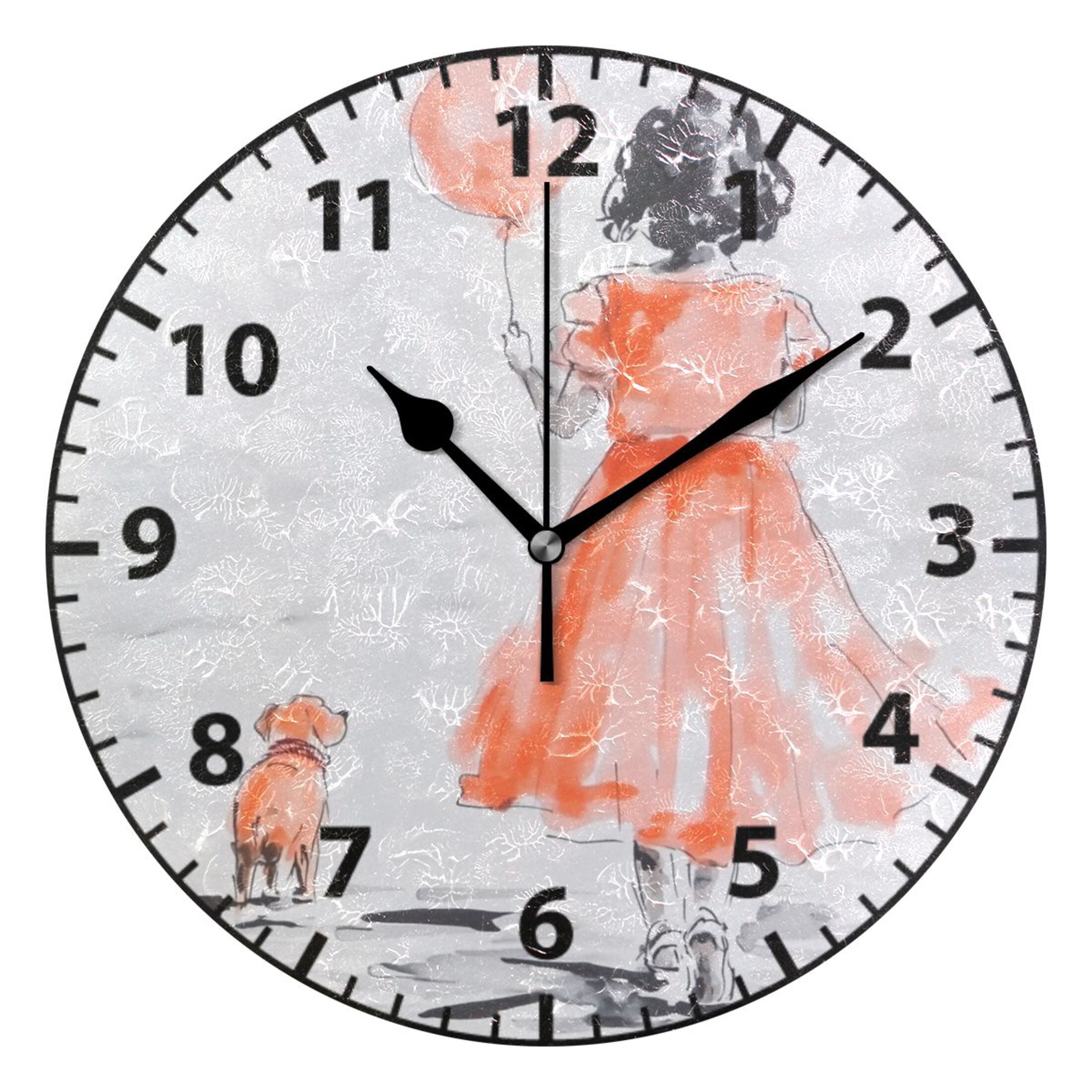 Simple Illustration Young Girl Wall Clock Modern Small Clock Gold Hands ...