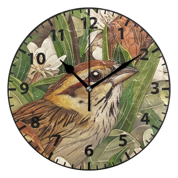 9.84in Sparrows and Blossoms PVC Canvas Wall and Table Clock with Canvas Texture, Black or Gold Hands