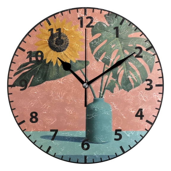 9.84in Sunflower Flower Pot PVC Canvas Wall and Table Clock with Canvas Texture, Black or Gold Hands