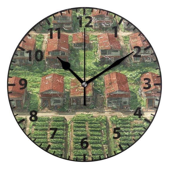 9.84in Village Pattern PVC Canvas Wall and Table Clock with Canvas Texture, Black or Gold Hands