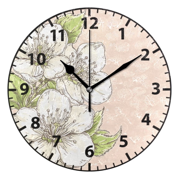 9.84in White Flowers PVC Canvas Wall and Table Clock with Canvas Texture, Black or Gold Hands