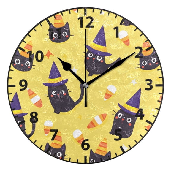 9.84in Yellow Background with Black Cat PVC Canvas Wall and Table Clock with Canvas Texture, Black or Gold Hands
