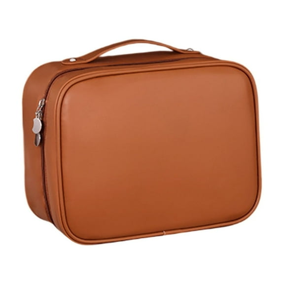 9.84x7.28x4.33 in Polyurethane Multi-Functional Cosmetic Organizer - 3-in-1 Zoned Storage Travel Makeup Bag with Brush Compartment, Water-Resistant Handheld Toiletry Pouch (Brown)