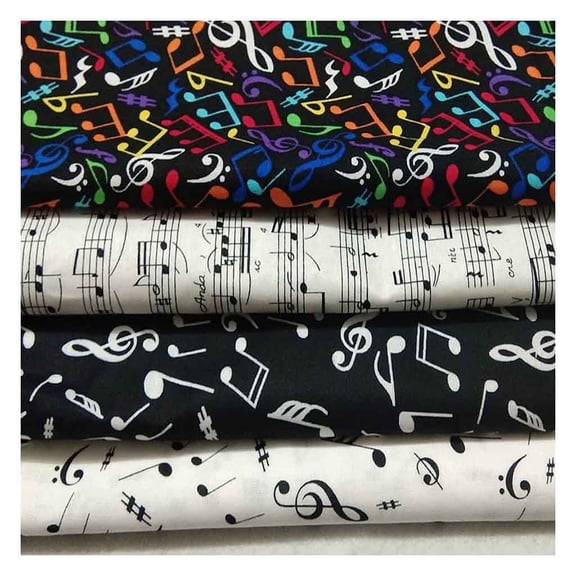 9.84x9.84in 4pcs Colorful Black White Music Note Printed Cotton Fabric, Bundle Small Size DIY Sewing Patchwork Decoration