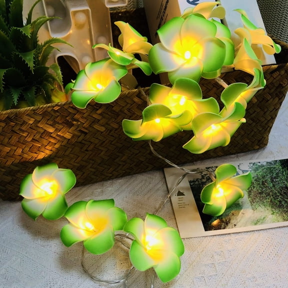 9.8FT 20LEDs Hawaiian Foam Artificial Green Plumeria Flower String Lights Battery Powered for Christmas Party Home Wedding Beach Decoration