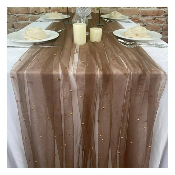 9.8FT Gauze Table Runner Chiffon Cheesecloth Table Runner with Faux Pearls Dining Table Decor Cloth for Home Birthday Holiday Party
