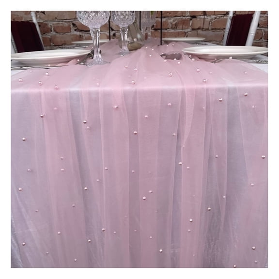 9.8FT Gauze Table Runner Chiffon Cheesecloth Table Runner with Faux Pearls Dining Table Decor Cloth for Home Birthday Holiday Party