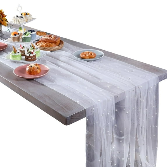 9.8FT Gauze Table Runner Chiffon Cheesecloth Table Runner with Faux Pearls Dining Table Decor Cloth for Home Birthday Holiday Party