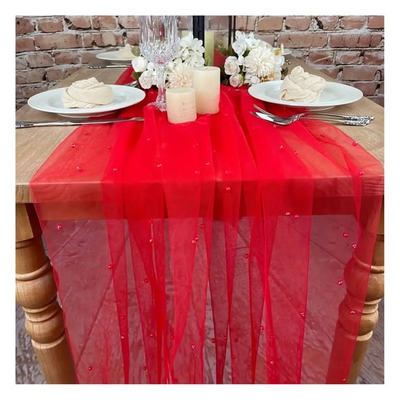 9.8FT Gauze Table Runner Chiffon Cheesecloth Table Runner with Faux Pearls Dining Table Decor Cloth for Home Birthday Holiday Party