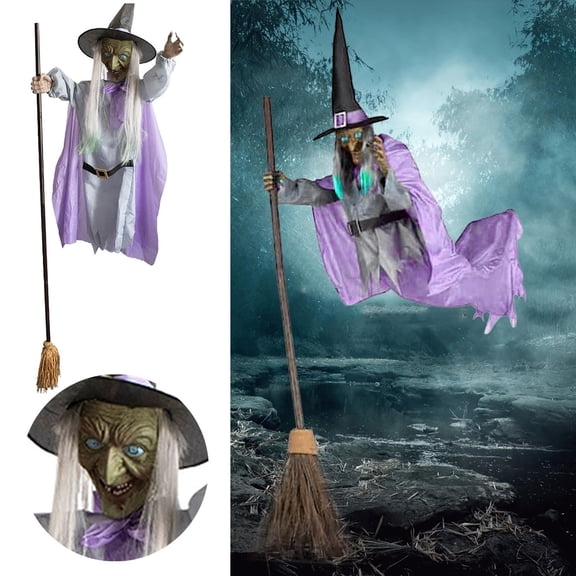 9.8FT Halloween Flying Witch Decoration - Animated Outdoor Hanging Witch with Broom Lights & Sounds Purple