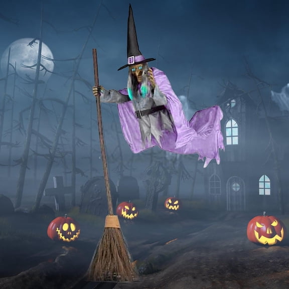 9.8FT Halloween Flying Witch Outdoor Decoration Animated Hovering Witch with Sweeper, Scary Sound & Light, Detachable 3M Suspended Ornament for Garden Yard Party