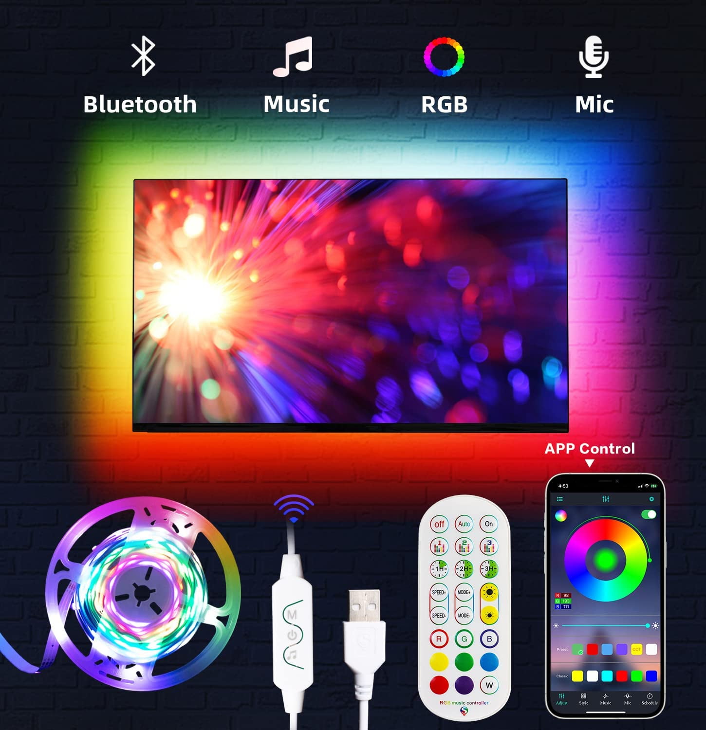 9.8FT LED Backlight TV Lights for 3260inch TV RGB Bluetooth App