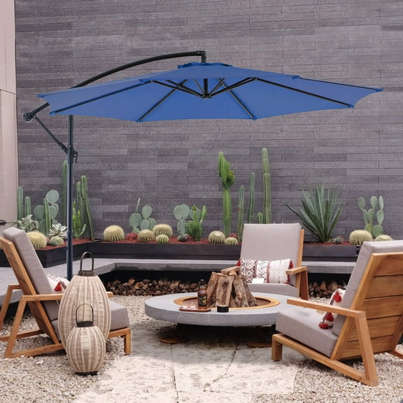9.8FT Offset Patio Umbrella Hanging Cantilever Umbrella Outdoor Sun Shade with Easy Tilt Adjustment, 8 Ribs, UV Protection for Backyard, Lawn, Garden and Pool, Blue