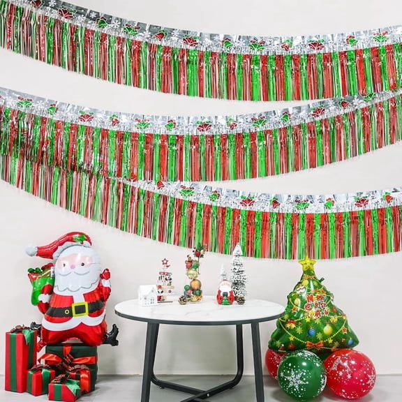 9.8Ft Christmas Parade Floats Foil Fringe, Red Green Silver Bells Tinsel Streamers Garland Banner Table Skirts for Christmas Trailer Car Homecoming Party