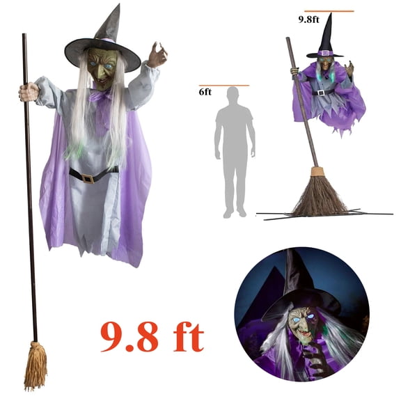 9.8Ft Floating Witch Sculpture with Voice-activated Sound and Light, Sound-Activated Hovering Broom Witch Halloween Garden Display Gift, Witch Holding Sweeper Decoration