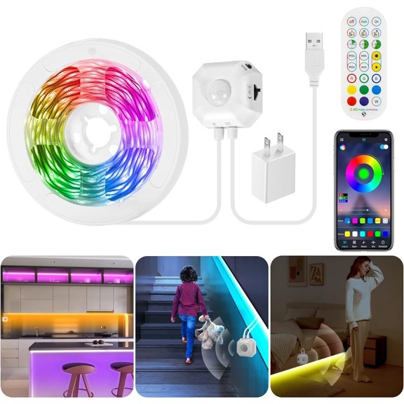 9.8Ft RGB LED Strip Lights, Motion Sensor Under Bed Lights, Indoor Usage, USB Powered, 3 Modes, App Control, RF Remote, SMD5050, for Bedroom, Kitchen, Stairs