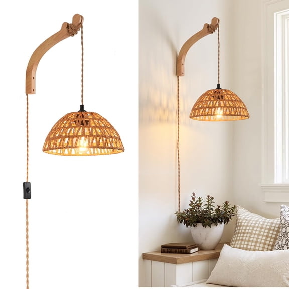 9.8IN Rattan Lampshade 1 PACK Plug In Wall Sconce Farmhouse Boho Lighting