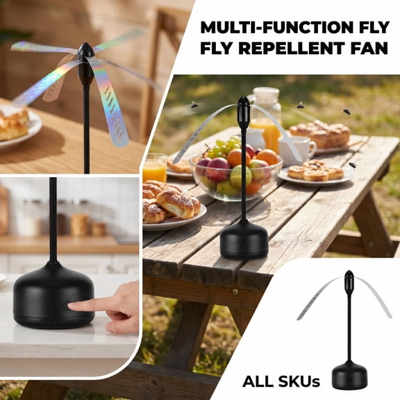9.8IN USB Powered Tabletop Fly Repellent Fan, Quiet Rotating Reflective Blade Bug Deterrent Fan, Chemical-Free Portable Fly Repeller for Kitchen, Dining ,BBQ, Picnic Outdoor Food Protection,B