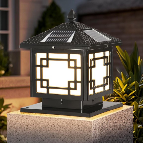 9.8In Solar Lighting Lantern Outdoor Caps Light with Solar LED Column Lamp Black Square Pillar Lamp Outside Housing Landscape Lighting Fence Deck Mailbox Pedestal Lantern