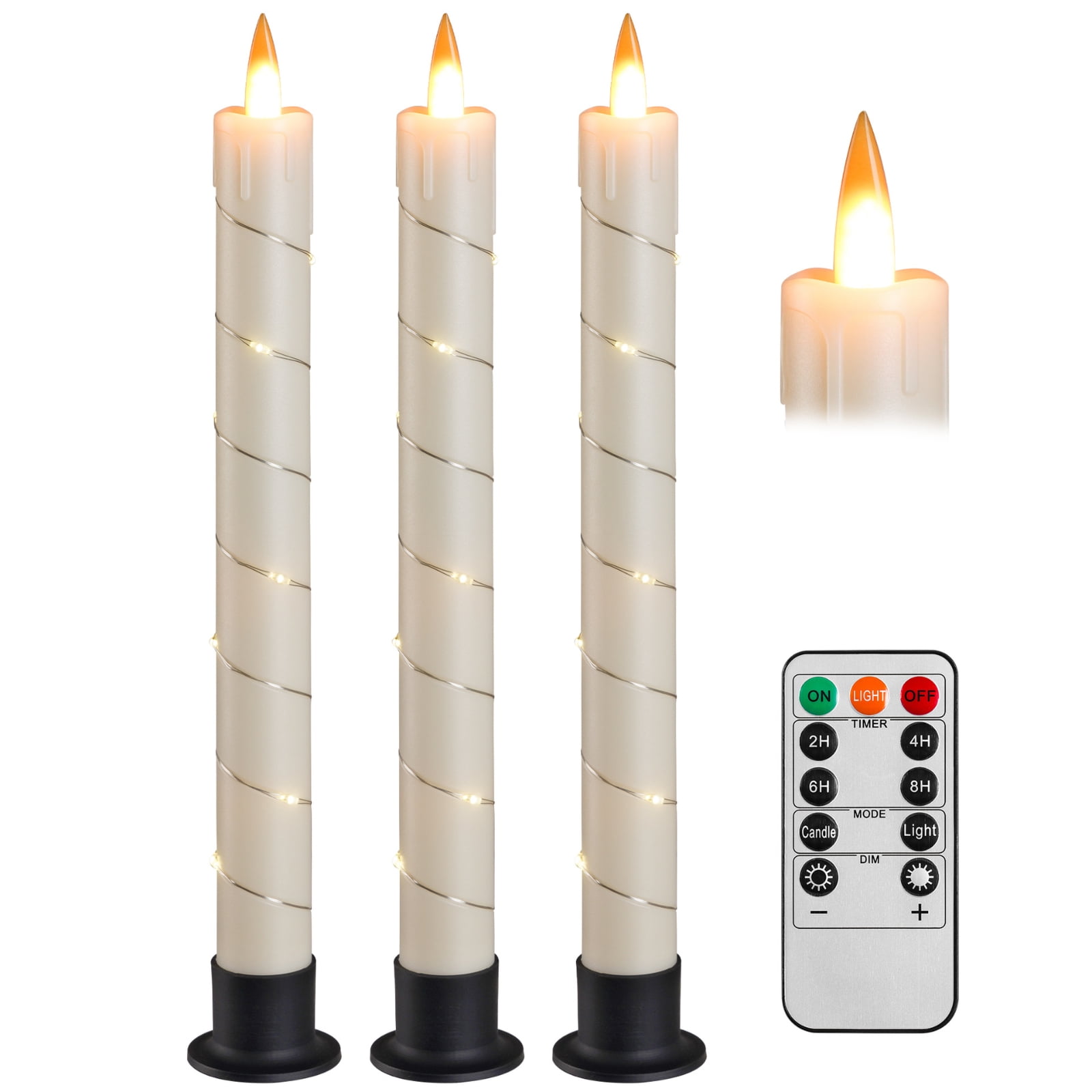 9.8Inch Flameless Taper Candles with Remote and String Lights, Ivory Real Wax Taper Candles Battery Operated, LED Flameless Battery Candlesticks for Wedding, Party, Home Decorations (Set of 3)