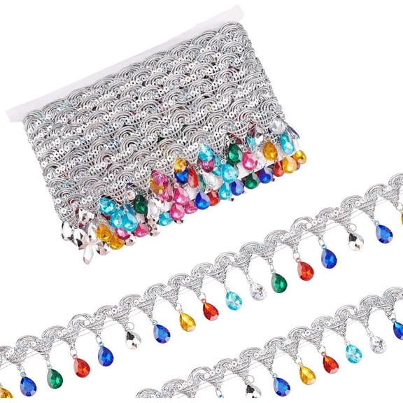 9.8Yard/9m Hanging Beads Fringe Lace 1-7/8inch Wide Rhinestone Ribbons Silver Sequins Ribbon with Colorful Rhinestone Fringe Trim Polyester Sewing Fringe Tassel Trim by The Yard diy