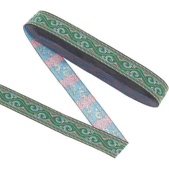 9.8Yard Vintage Embroidered Ribbon 3/4 inch Wide Green Embroidery Polyester Ribbon Wave Pattern Jacquard Ribbon Flat Ethnic Style Ribbon