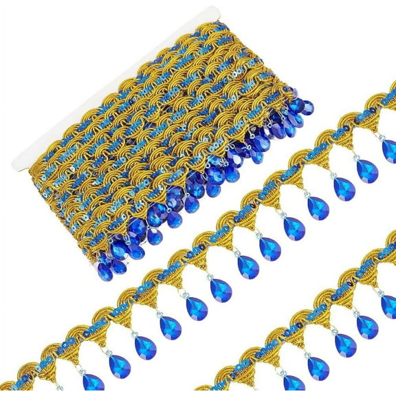 9.8Yards(9m) Hanging Beads Fringe Lace 1.9inch Wide Blue Rhinestone Bead Fringe Trim Polyester Sewing Fringe Tassel Trim by The Yard for Handmade DIY Clothing Curtain Decoration