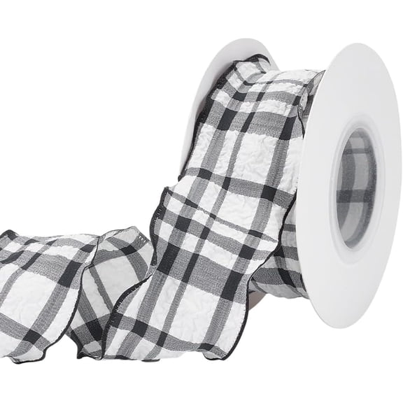 9.8Yards Chiffon Plaid Ribbon 1-5/8 inch Wide Black Fabric Gingham Ribbon Polyester Sewing Tartan Pattern Checkered Pleated Trim for Sewing DIY Clothes Decoration Garment Accessories
