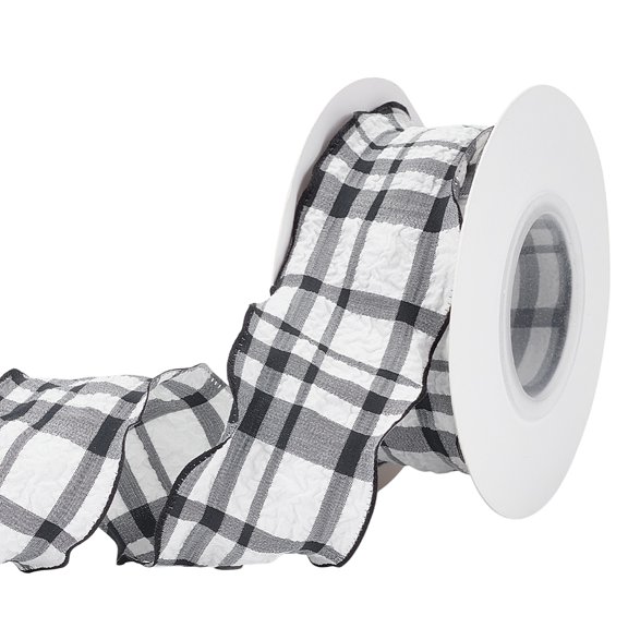 9.8Yards Chiffon Plaid Ribbon 1-5/8 inch Wide Black Fabric Gingham Ribbon Polyester Sewing Tartan Pattern Checkered Pleated Trim diy